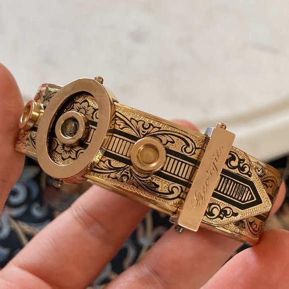 Antique Victorian Taille d’Epargne “Georgie” Engraved Buckle Bracelet Pat. 1874 - Picture 4 of 16